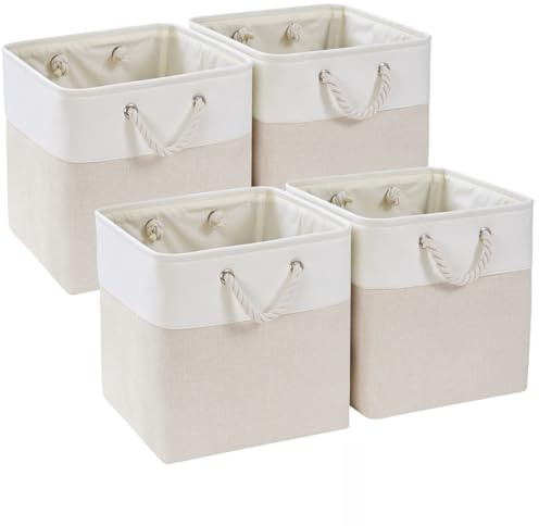 Mangata Aufbewahrungsbox Stoff, 28x28x28cm Aufbewahrungskorb in Würfel zum Organisieren von Kleidung und Spielzeug, Korbe Stoff für Schrank, Regal(Hellbeige/Weiß, 4er Pack)