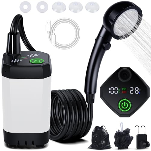Spopal Kit Douche de Camping,Douche Portable,Pompe de Douche Électrique | Rechargeable,Imperméable,avec Afficheur Intelligent et Pomme de Douche 4 Modes pour Extérieure,Camping,Randonnée