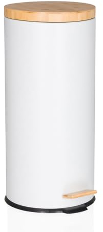 hjh OFFICE Mülleimer 30 Liter, Treteimer mit Bambus-Deckel, Softclose CLEAN BAMBOO Metall Abfalleimer mit Inneneimer, Weiß Matt