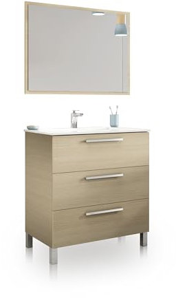 duehome | Mueble de Baño con 3 Cajones y Espejo, Modulo Lavabo, Modelo Feel, Acabado en Roble, Medidas: 80 cm (Ancho) x 86 cm (Alto) x 45 cm (Fondo)