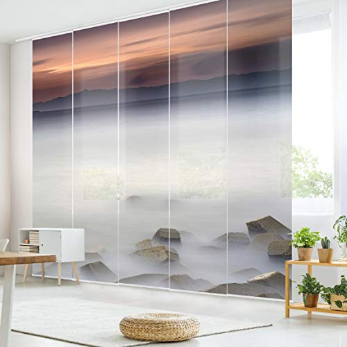 micasia Schiebegardine halbtransparent 60er Paneel Klett Natur Textil lichtdurchlässig - Sonnenuntergang Modern Flächenvorhang grau Wohnzimmer Schlafzimmer 2024 (300x250 cm - 5er Set)