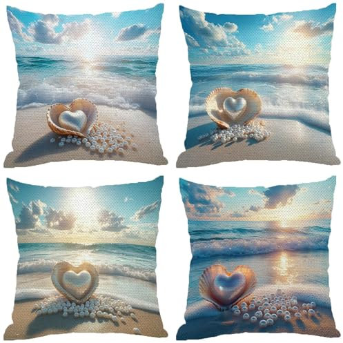 Fodere Cuscini da Esterno Impermeabili, Spiaggia Federe Cuscini Divano 70x70 Quadrate Set di 4, Doppia Faccia Stampa Lino Cushion Covers Estate Cerniera Invisibile per Room Decor, Regalo Donna Z-945