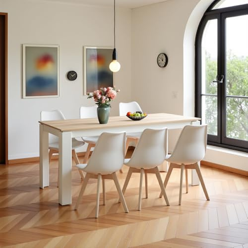 FURNITABLE Matbord med 6 stolar, matsalsstolar och rektangulära köksbord, matgrupp, sittgrupp för vardagsrum, kök, kontor (160 cm ekvita bordsben, bord + 6 vita stolar)