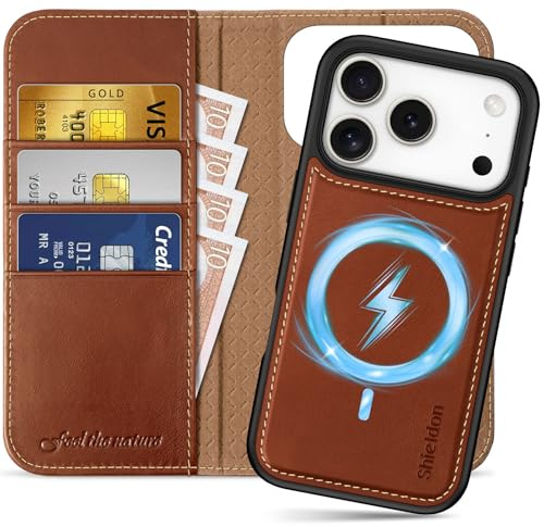 SHIELDON 2 IN 1 Echtleder Hülle für iPhone 17 Pro 6,3 5G, Retro Braun | Abnehmbar, 3 Kartenfächer, Kabelloses Laden, Ständer, RFID Blocker, Handy-Ösen, Magnet Case, Klapphülle