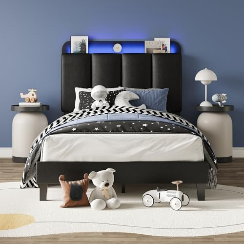 BarnFurin Twin Bed Frame with LED Lights, Upholstered Platform Bed with Storage Headboard, Single Bed Frame, Noise-Free, No Box Spring Needed, Easy Assembly, Black