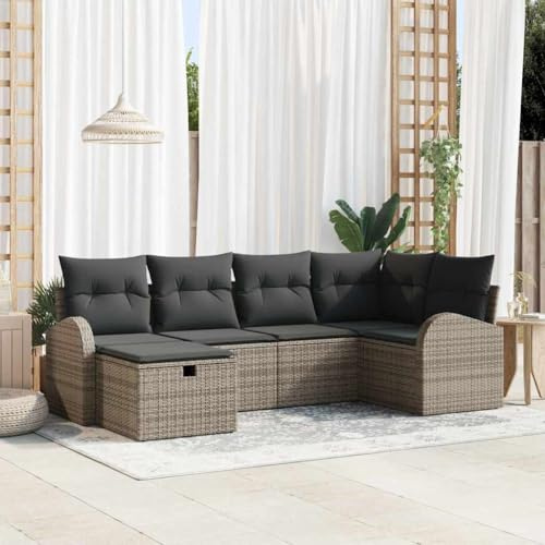 Qnhdfrt Garten-Sofaset Grau aus Poly-Rattan mit Stauraum, modernes Outdoor-Sofa für 5 Personen, wetterfestes Lounge-Set für Garten, Balkon und Terrasse