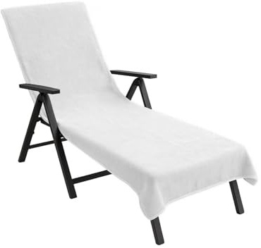 Lemos Home Liegenauflage mit Kapuzenüberschlag 200x75 cm aus Baumwolle Frottee Handtuch, Schonbezug für Gartenliege, Sonnenliege und Liegestuhl, universell passend, waschbar, Farbe wählbar. (Weiß)