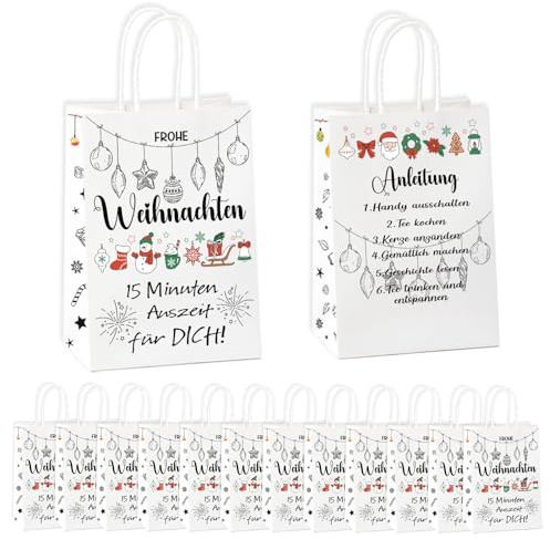 12 Stück Geschenktüten Weihnachten Weihnachtstüten zum Befüllen | 15-Minuten-Weihnachtszeit (Zeit für Dich), Papiertüten Weihnachten mit Griff, Weihnachtssackerl für Weihnachtsgeschenke