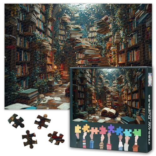 Whimsical Library Puzzles for Adults 1000 Pieces, Magic of Imagination and Knowledge Jigsaw Puzzle for Book Lover, Book Art Fantasy Library Puzzles 50x70cm