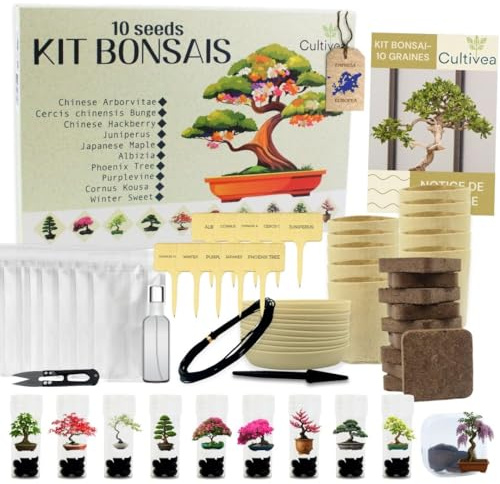 CULTIVEA® Kit Bonsai 10 Alberi da Coltivare – Bonsai Kit Completo per Principianti con Semi Rari, Vasi, Attrezzi e Guida – Kit Piante da Interno – Idee Regalo Giardinaggio e Amanti delle Piante