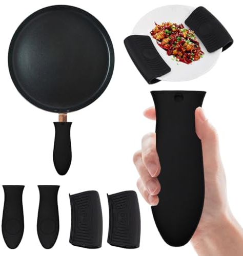 YUVKIN Set 4 Pezzi Manici in Silicone, 2 Clip per Manici di Pentole & 2 Coprimanici in Silicone, Presine in Silicone Resistenti al Calore per Padelle (Nero)