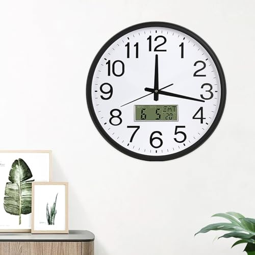 PORFOYO Lautlos Wanduhr mit Temperaturanzeige, 32cm Digitale Funk Wanduhr, Modern Uhr ohne Tickgeräusche mit Kalender Digital LCD, Wand Küchenuhr, für Wohnzimmer Schlafzimmer Büro, Schwarz