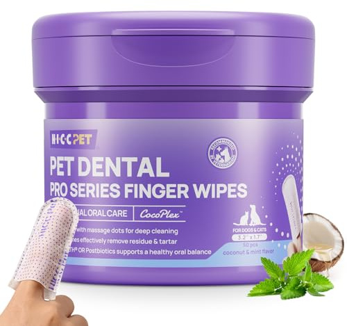HICC PET Teeth Cleaning Wipes PRO Series, Dental Care Finger Wipes for Dogs & Cats, Reduce Plaque Tartar & Fresh Breath, No-Rinse Toothbrush, Gentle Clean Dog Tooth Brushing Kit, 50 Count, Mint