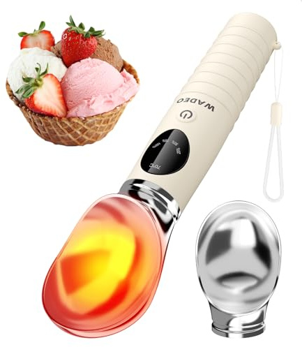 WADEO Cuchara de helado calentada recargable, cuchara extraíble con 4 niveles de temperatura y pantalla LED, apta para el lavavajillas, ideal para helados duros, gelato y yogur helado