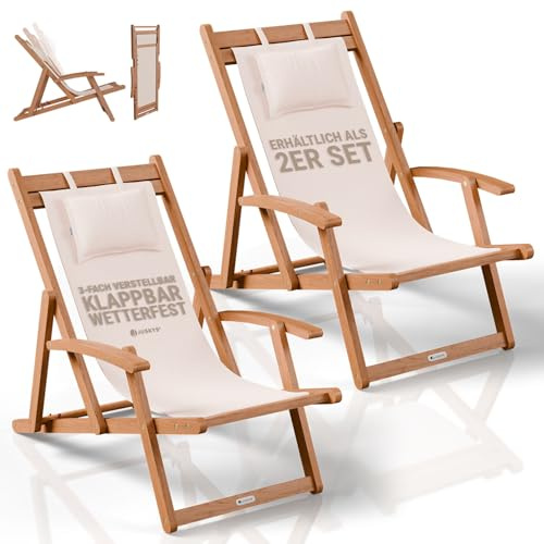 Juskys® Sonnenliege Tavira Creme - Klappbar, 3-Fach verstellbare Rückenlehne, mit abnehmbarem Kopfpolster, wetterfest, geöltes Akazienholz, 2er Set