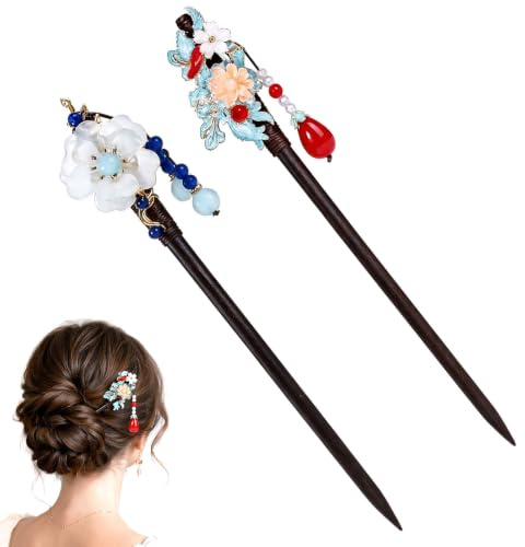 KIPTVO 2Pcs Vintage Chinese Hair Sticks, Floral Wooden Hairpin with Bead Pendants, Hair Chopsticks for Women, Traditional Chinese Hair Accessories, Wooden Hair Pins, Hair Stick Pin for Hanfu Daily Use