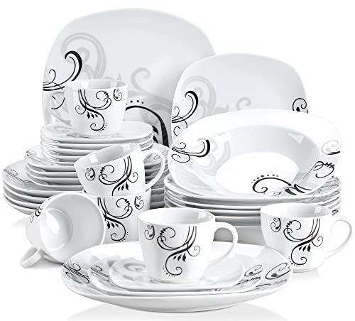 VEWEET ZOEY Servizio di Piatti in Porcellana Servizio Combinati per 6 Persone Stoviglie 30 Pezzi con Piattini e Tazze 180 ml, Piatti Piani, Piatti Fondi e Piatti da Dessert, Motivo Fiori di Vite