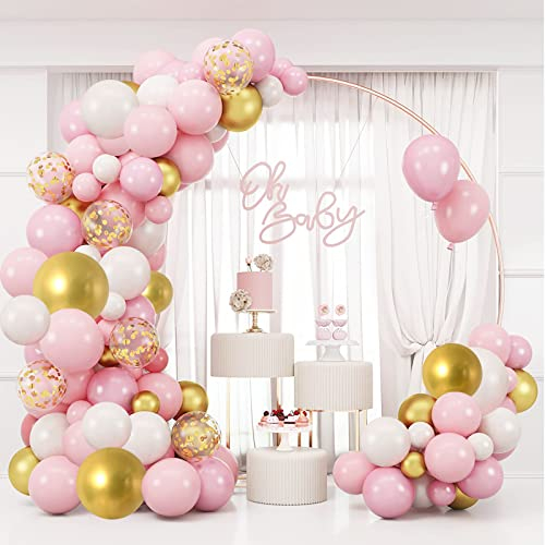 Kit Arco Globos Rosa Oro y Blanco (128 Pcs), Guirnalda de Globos Rosa Blanco y Oro,50 Globos Rosa (10) + 50 Globos Blanco (10 ) +12 Globos de Oro Metálico (12 ) + 12 Globos con Confeti Dorado (10)