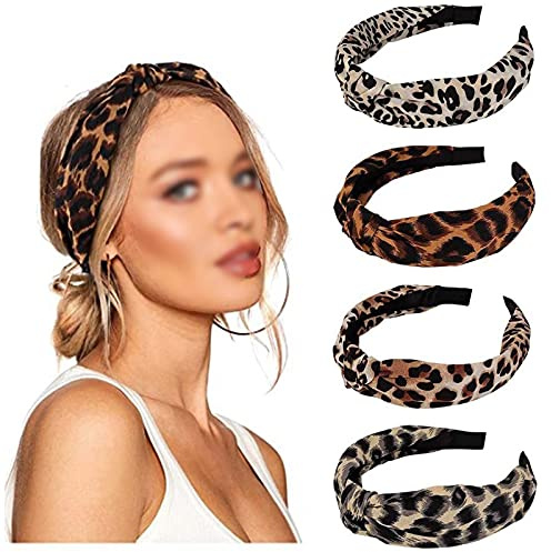 Haarreifen Leopard Haarbänder mit Leopardenmuster Leopard Headbands Breite Haarbänder mit Leopardenmuster Leopardenmuster Haarband Haarreif Stirnbänder Breit Haarreifen für Damen Mädchen(4 Stück)