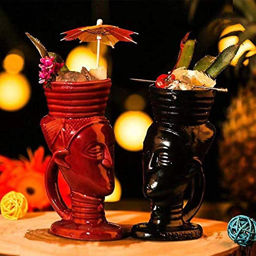 Lot de 2 tasses Tiki, jolis verres à cocktail exotiques drôles en céramique – Vaisselle professionnelle Tiki Bar – Articles de bar hawaïens – Excellente idée cadeau (280 ml)