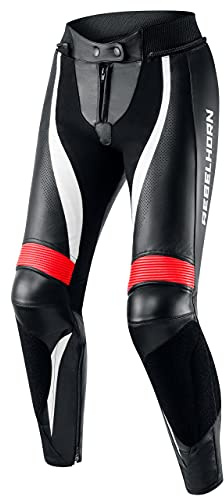 REBELHORN Rebel Motorradhose Damen | Leder | Knie und Hüft Protektoren | Austauschbare Knieschieber | Perforierte Paneele | Größen bis 46