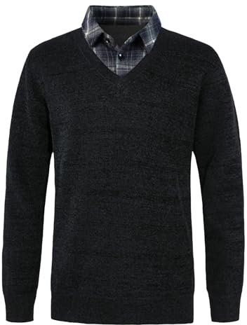 Yukirtiq Chenille Pulls Homme Casual Pull en Tricot avec Col en V pour Homme Pull-Over à Manches Longues avec Faux Col de Chemise, Noir, XL