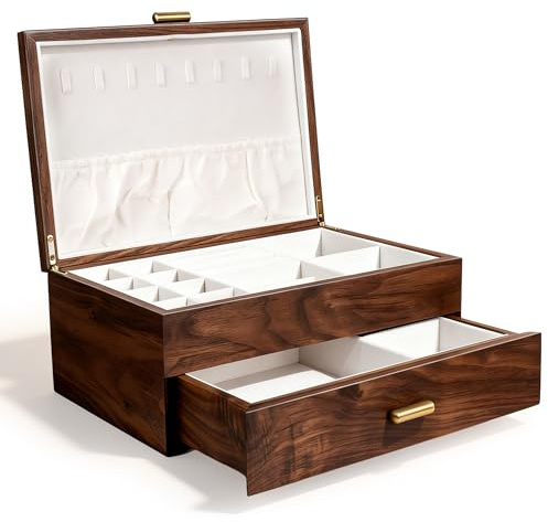 Portagioie Vintage Quadrato in Legno Massello Artigianale con Fodera in Velluto per Cassetti per Bracciali, Orologi, Collane, Anelli, Orecchini e Accessori