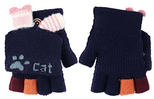AfinderDE Kinder Fausthandschuhe Mädchen jungen Abnehmbare Klappe Strickhandschuhe Fäustlinge Handschuhe Fingerhandschuhe Fingerlos Halb Strick Winterhandschuhe (Dunkelblau 3), L