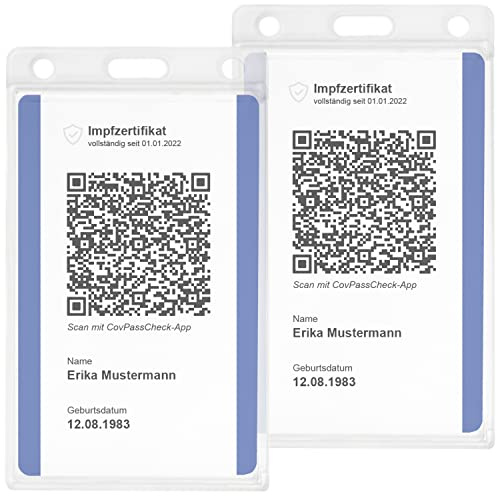 2X Impfkartenhülle aus Hart-PVC im Hochformat - Schutzhülle für neuen Impfnachweis im Kartenformat (54 x 85 mm) - Platz für Personalausweis - mit Langloch für Band
