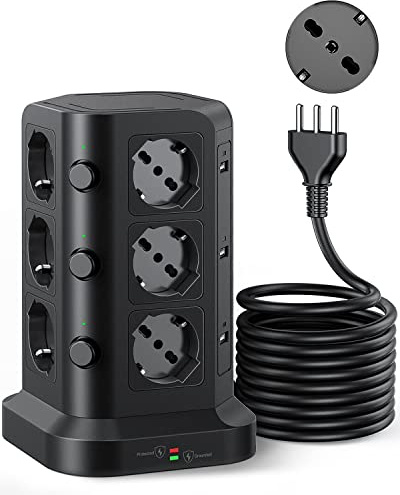 KOOSLA Multipresa ITA/Schuko 12 Prese 6 USB, 5M, Nero | 12 Prese Universali, 6 USB-A, 4000W/16A, Protezione Sovratensione, 5M Cavo