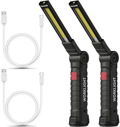 m MU LED Taschenlampe 2 Stück mit USB-C, 360° Drehbare Arbeitsleuchte mit Magnet & Haken – Werkstattlampe für Auto, Camping, Notfall – Geschenk für Männer (COB Licht, 5 Modi)