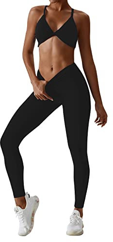 Tenues de yoga 2 pièces pour femme - Legging taille haute avec soutien-gorge de sport - Soutien-gorge à faible impact - Débardeur court de yoga - YL0414, 1_Noir, M
