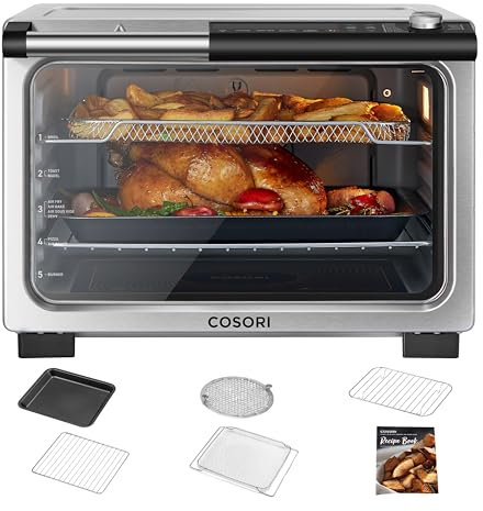 COSORI 11-in-1 Ceramic Air Fryer Toaster Oven Combo, Flat-Sealed Heating Elements for Easy Cleanup, Innovative Burner Function, 5 Accessories & Recipes, 26QT, Silver, Stainless Steel