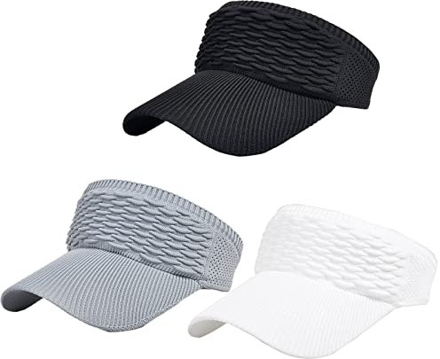 SUNTRADE 3 PCS Women Sun Visor Hat,Knitted Hats Elastic Sports Hat Empty Top Quick Drying Wide Brim Golf Tennis Running Hat (Black+White+Gray)