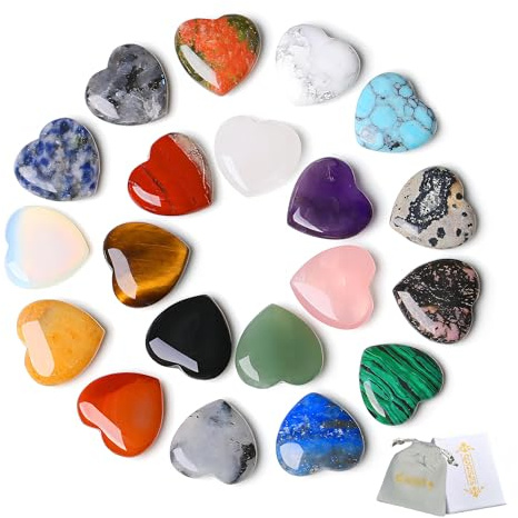 QINJIEJIE 20 Stück Natürlicher Edelsteine Herz Kristalle Steine Jahrestag Geschenk Poliert Herz Handschmeichler Stein Bunte Glückssteine Reiki Steine Set Kristallsteine für Dekoration