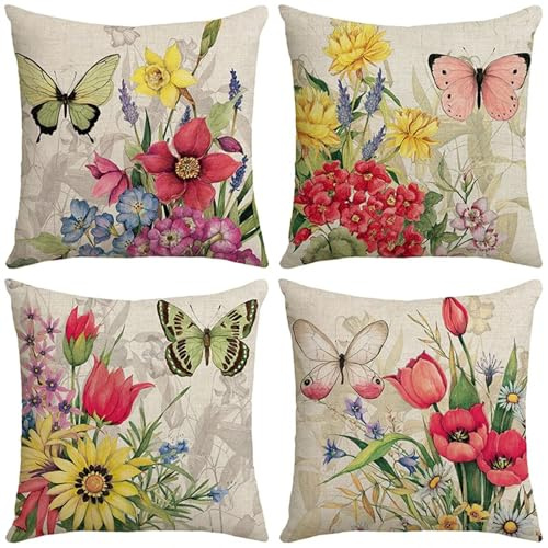 Kissenbezug 50x50 4er Set Dekokissen Leinen Kissenbezüge Blumen Kissenhülle Dekorative Sofakissen Buntes Luxus Decor kopfkissenbezug für Couch Wohnzimmer Outdoor Kissen Garten Zierkissen HZ-5967