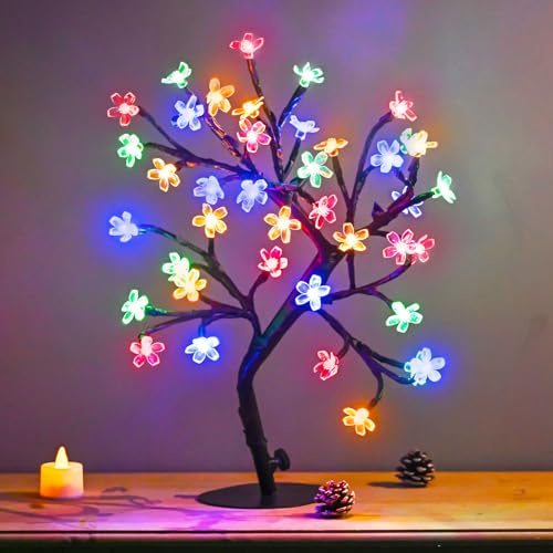 ZHOUDUIDUI Cherry Blossom Tree Light,17inch 40LED Lighted Tabletop Artificial Flower Bonsai Tree Lamp USB Powered Gifts for Home Decor Room Office Party Wedding Christmas Decorations(Color)