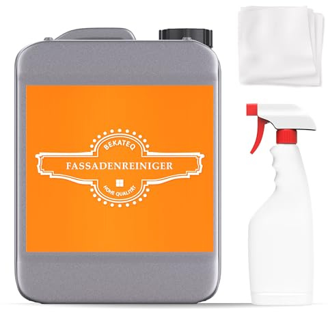 Fassadenreiniger 5l Set mit Sprühflasche + Vliestuch - Reiniger für Putz, Hauswand, Klinker - Steinreiniger, Dachreiniger, Terrassenreiniger - entfernt Algen, Moos, Pilze, Schimmel - BEKATEQ BE-680