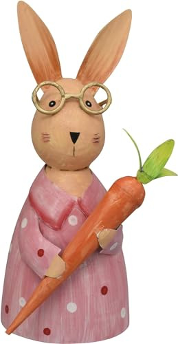 Pommerntraum ® | Zaunhocker Pfostenhocker Zaunfigur Dekofigur Gartendeko Hase Osterhase mit Brille (ROSA mit Möhre)
