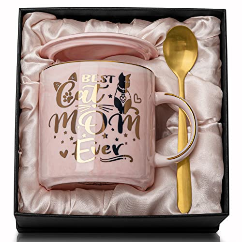 Cat Mum Mug Gifts for Women, Cats Lovers Gifts - 14oz Best Cat Mum Ever Mug | Pink Marble Coffee Cup with Gold Pattern, Microwave Dishwasher Safe, 5pcs with Lid, Golden Spoon, Greeting Card, Gift Box