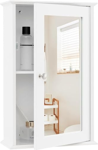 GIANTEX Spiegelschrank fürs Bad, eintürig mit verstellbarem Einlegeboden | Badezimmer-Wandschrank mit Spiegel & 2 Fächern, 34x15x53 cm, Weiß für Badezimmer Schlafzimmer