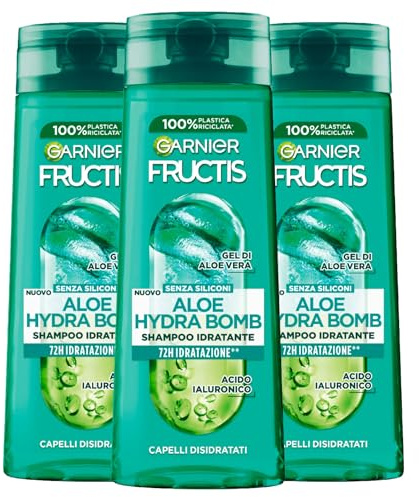 Garnier Fructis Aloe Hydra Bomb Feuchtigkeitsspendendes Shampoo für dehydriertes Haar mit Aloe Vera Gel und Hyaluronsäure 72H Feuchtigkeitsspendende vegane Formel ohne Silikone - 3 Flaschen à 250 ml