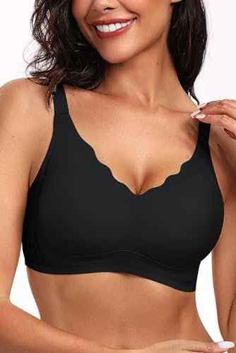 Vertvie Bras for Women Non Wired Seamless Wireless Push Up Bra Comfort Support Full Coverage Bralettes Scalloped Padded Sports Everyday Bra (Black,XXL)