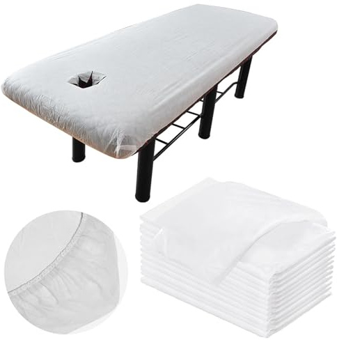 Lot de 10 Draps de Lit Table de Massage avec Trou Housse Jetables Table Massage 100x215cm Drap Jetable Table Massage non Réglable pour Table de Massage, Spa, Beauté, Tatouage