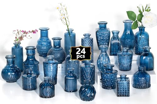Set di 24 mini vasi da fiori in vetro, per centrotavola, bottiglie vintage per decorazioni da tavola, decorazioni per matrimoni, casa, trasparenti (24, blu)