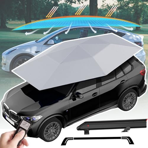 aromaoveite Tenda per Auto Ombrello Automatico Protezione Automatica 380x270 Cm, Telo Copriauto Portatile con Barra Bagagli/Telecomando, Ripari Protetti dal Sole Completamente Automatici,Grey