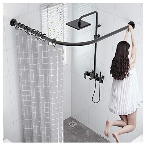 Bastone curvo per tenda da doccia, senza foratura, asta estensibile ad angolo a L, asta telescopica in acciaio inox, con tenda da bagno e ganci, colore: nero (90130 cm)