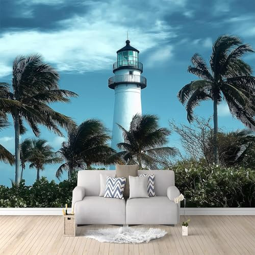 Papier Peint Panoramique 3D Palmiers Phare 200x140 cm Papier Peint Photo Mural Intissé, Poster Tapisserie Mural Personnalisé 3D Pour Salon Chambre Décoration Murale