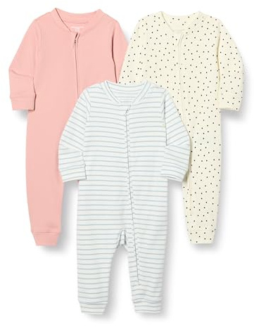 Amazon Essentials Tutina da notte unisex per bambini, in cotone, con zip frontale, senza piedi, confezione da 3, rosa polveroso/a pois e strisce, 6-9 mesi