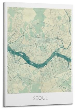 qiyan Poster decorativo da parete con mappa della Corea di Seoul, stile vintage, poster decorativo su tela, poster artistico moderno, per camera da letto, 50 x 75 cm